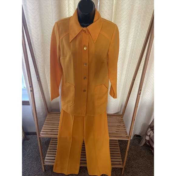 Vintage 1960’s 1970’s‎ Yellow Collared Wide Leg Pant Suit Large Size 14 Stretchy - Picture 1 of 7